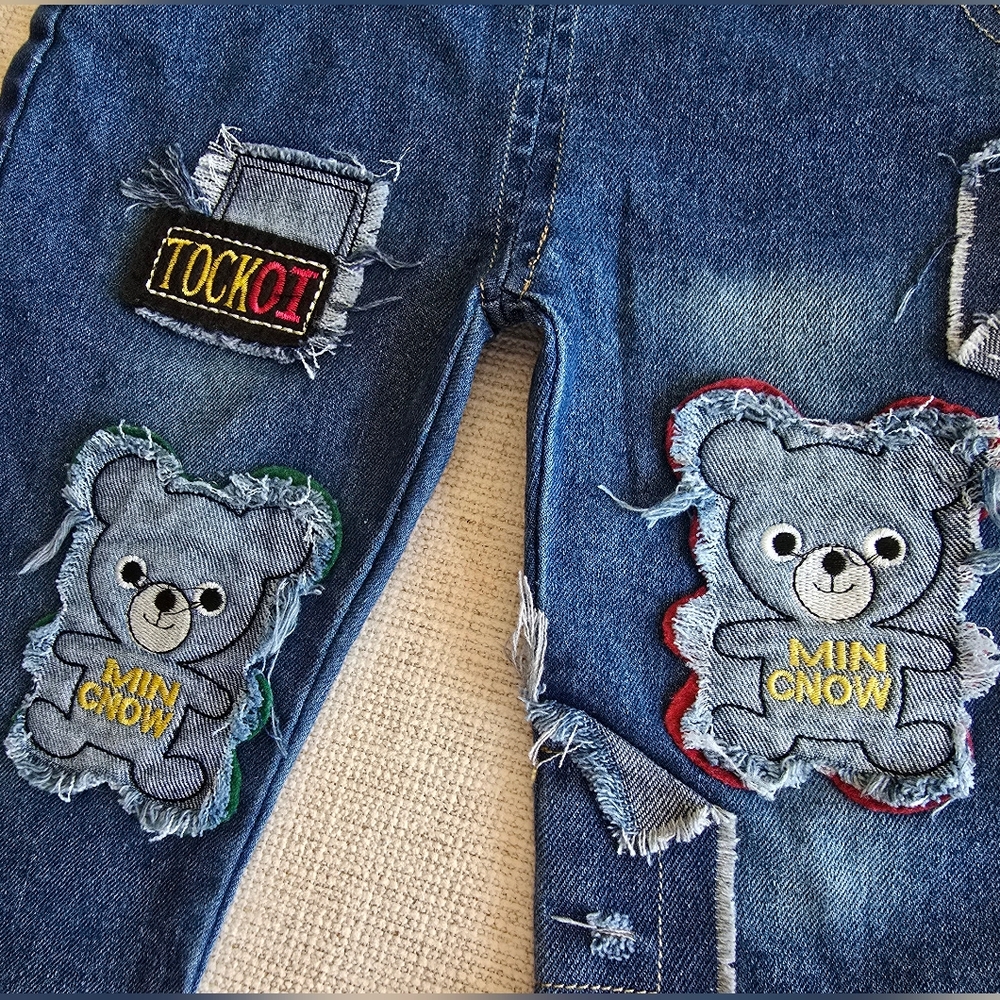Denim blue kids distress patches overalls